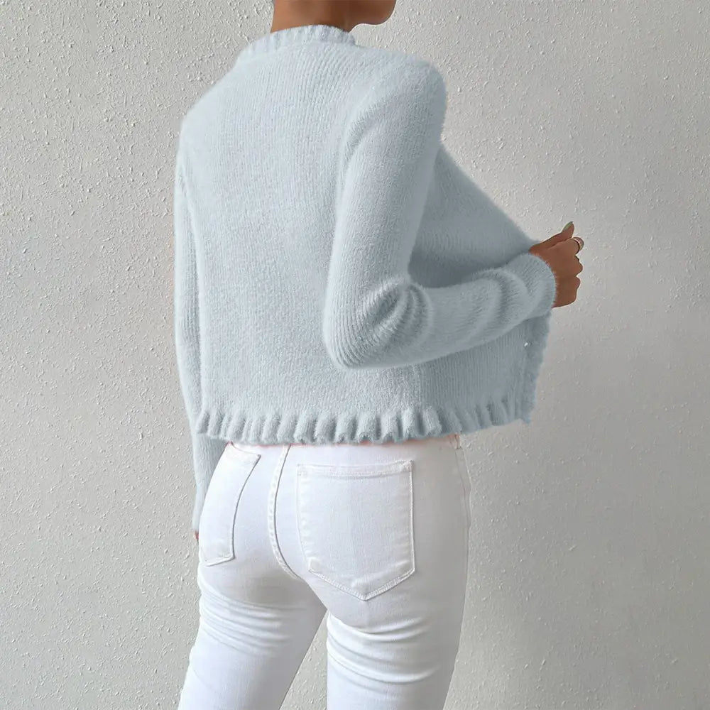 PearlWisp Knit: Elegant Wooden Ear Cardigan