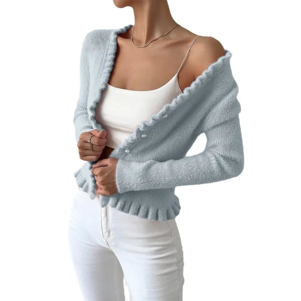 PearlWisp Knit: Elegant Wooden Ear Cardigan