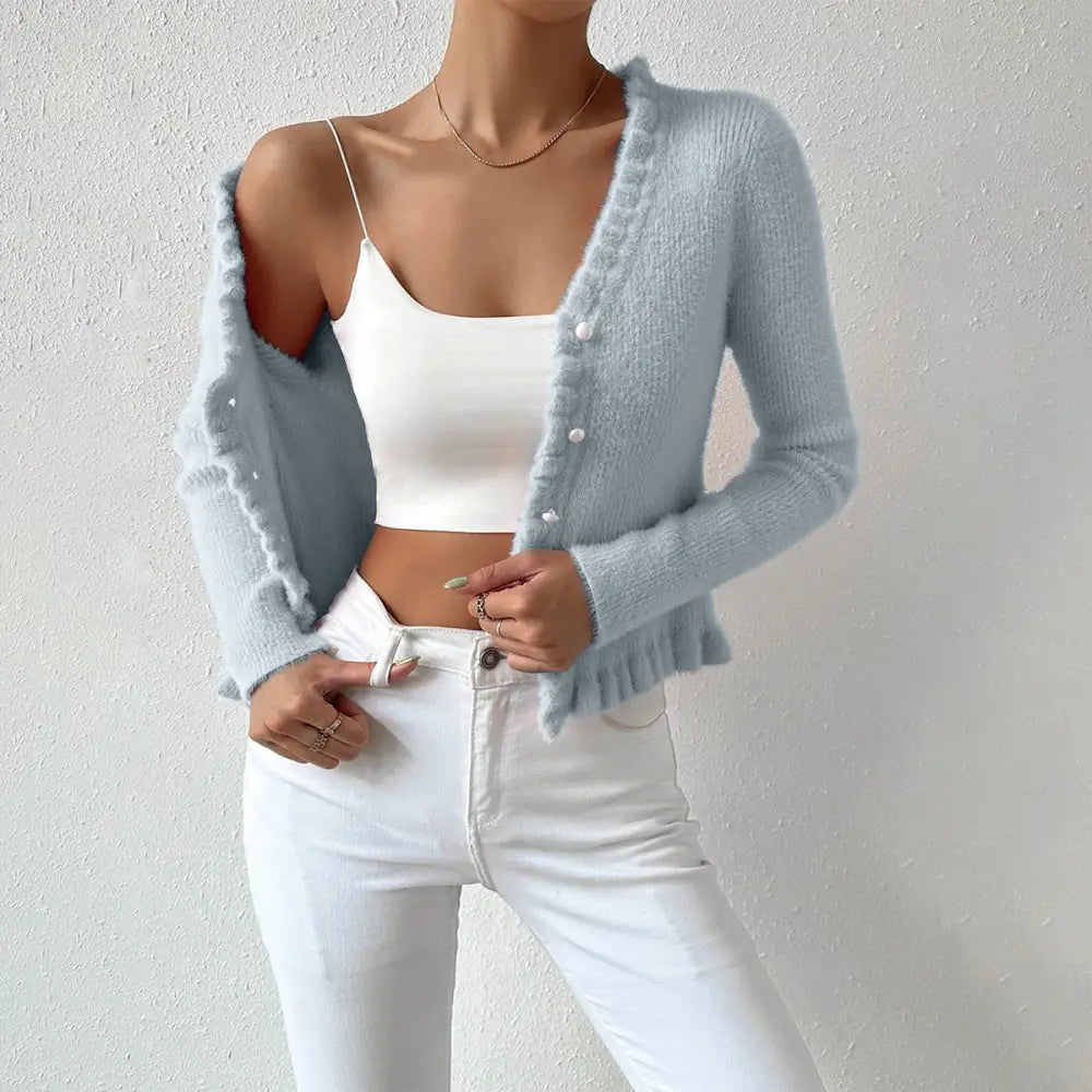 PearlWisp Knit: Elegant Wooden Ear Cardigan