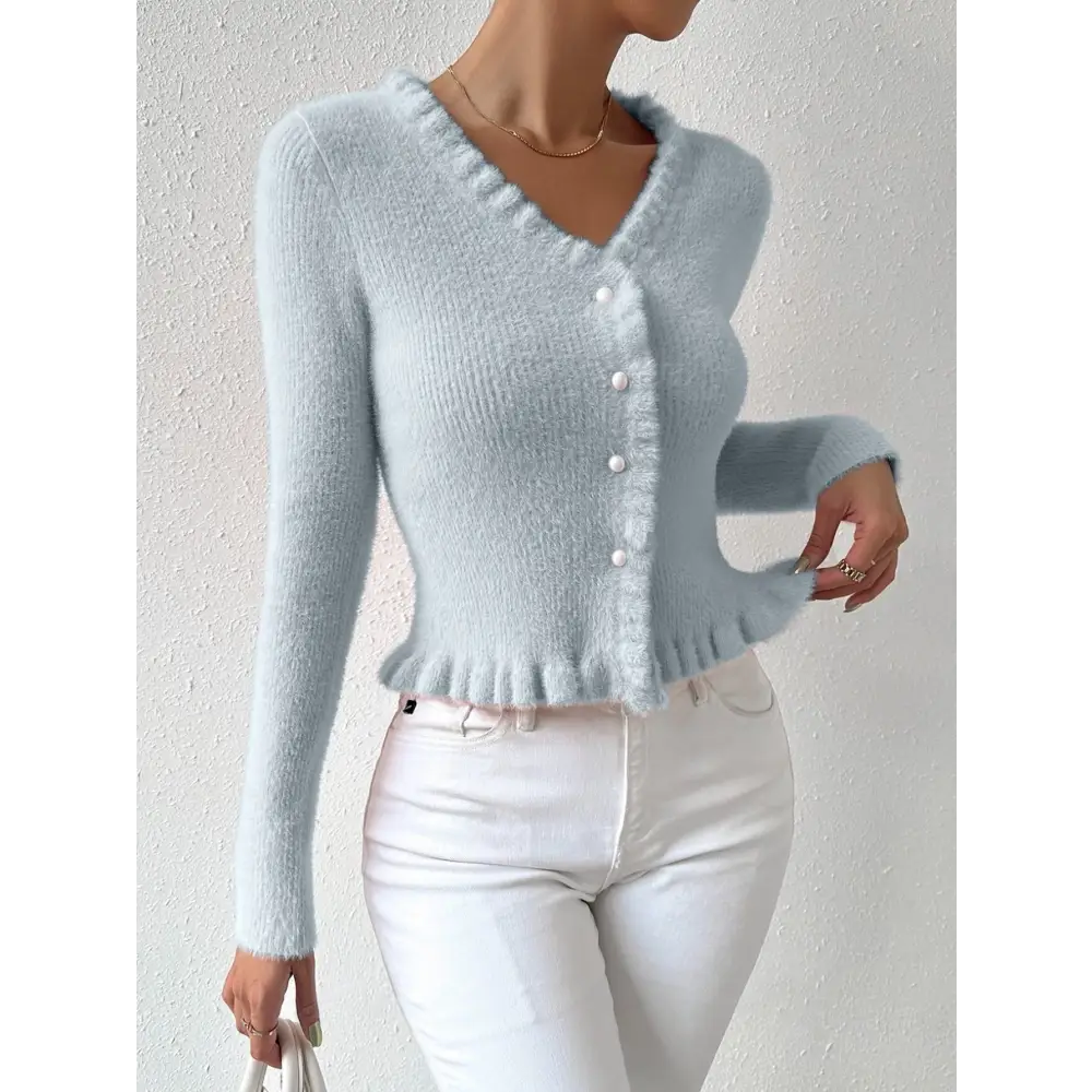 PearlWisp Knit: Elegant Wooden Ear Cardigan - Light Blue / S