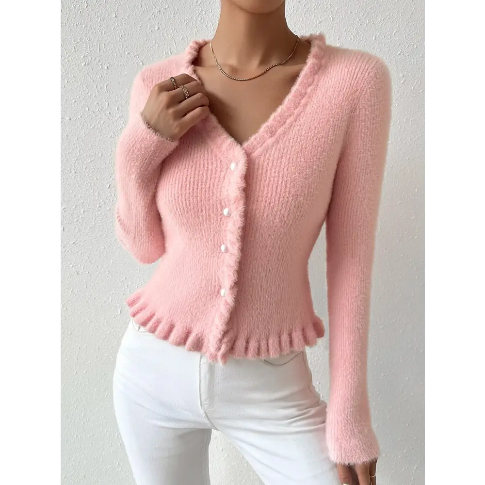 PearlWisp Knit: Elegant Wooden Ear Cardigan - Pink / S