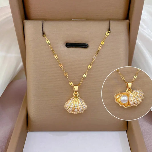 PearlZir Sparkle Necklace with Shell Rhinestones - Shell