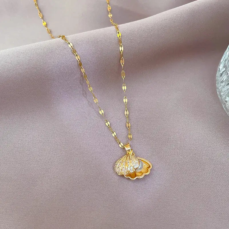 PearlZir Sparkle Necklace with Shell Rhinestones - Shell