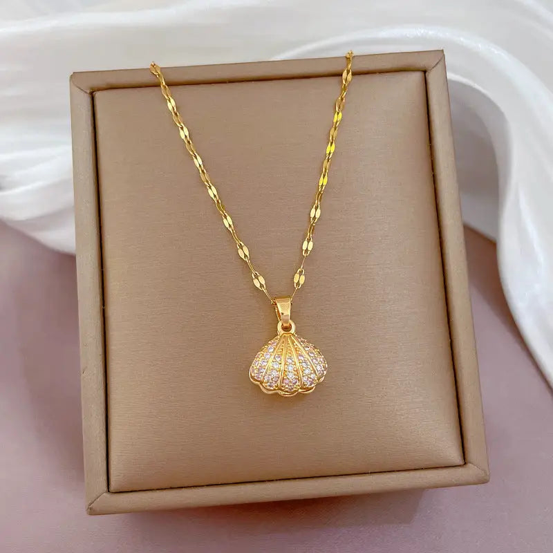 PearlZir Sparkle Necklace with Shell Rhinestones - Shell