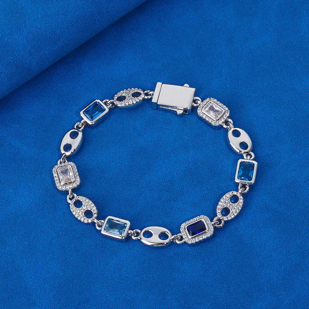 Pig Nose Charm Bracelet with Gemstone Detailing - Platinum Width 10mm / Bracelet 7 Inches