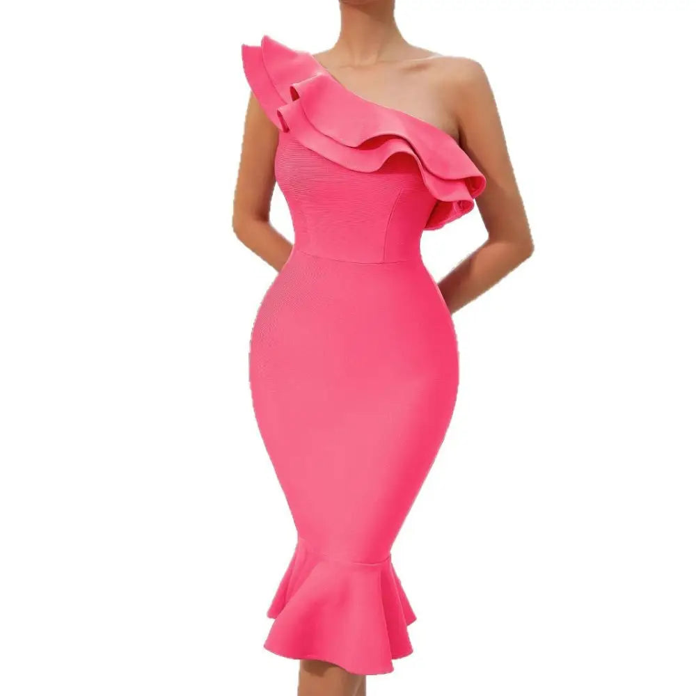 Pink Flounced Mid Length Sleeveless Skirt in Polyester