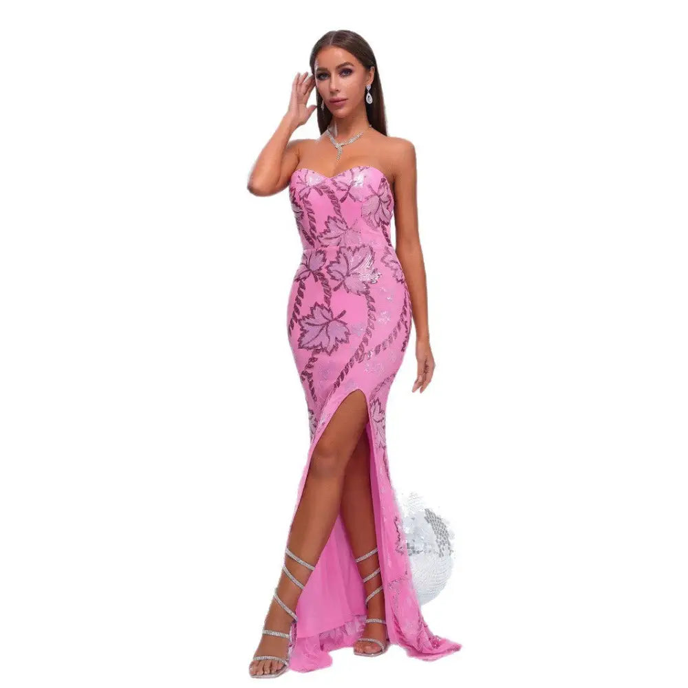 Pink Sequin Hip Skirt Elegant Polyester with Collage Stitching