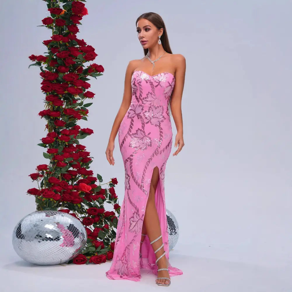 Pink Sequin Hip Skirt Elegant Polyester with Collage Stitching