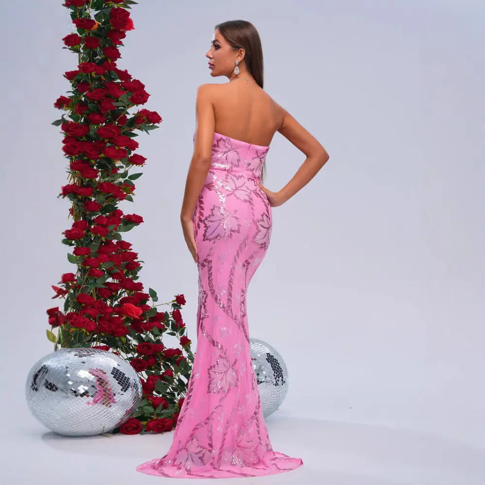Pink Sequin Hip Skirt Elegant Polyester with Collage Stitching