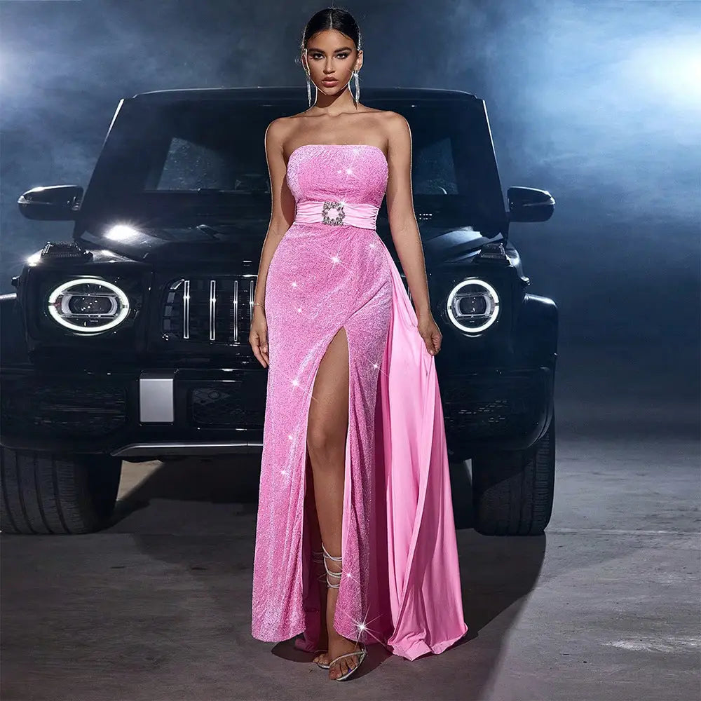 Pink Sequin Long Skirt in Polyester for Party Wear - DMZ240226 Pink / S