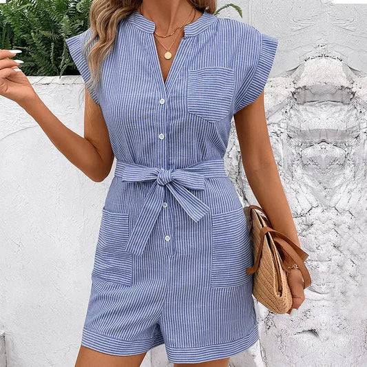 Pinstripe Breezy Commute Jumpsuit - Short Sleeve