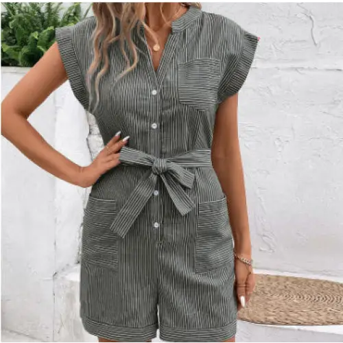 Pinstripe Breezy Commute Jumpsuit - Short Sleeve - S / Black