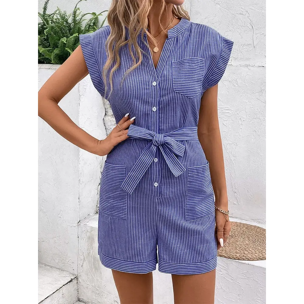 Pinstripe Breezy Commute Jumpsuit - Short Sleeve - S / Blue