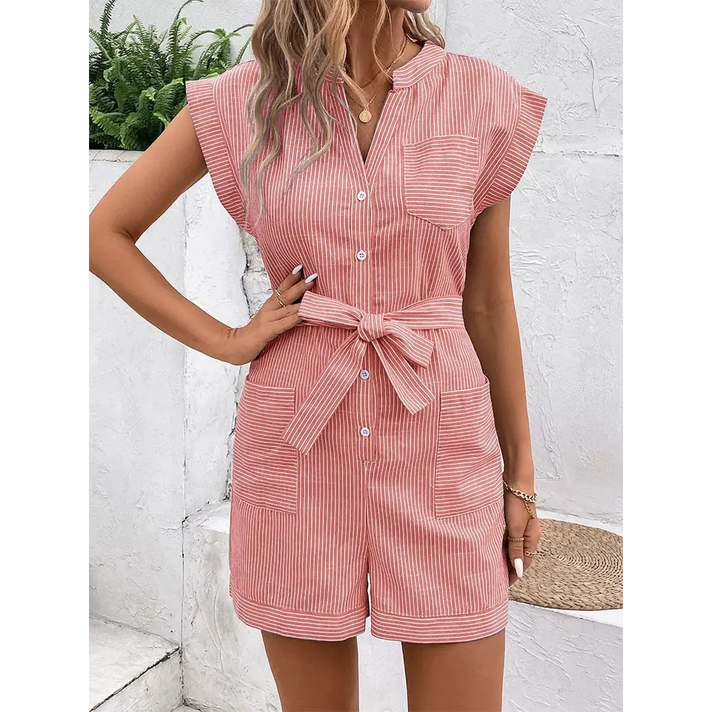 Pinstripe Breezy Commute Jumpsuit - Short Sleeve - S / Coral Pink