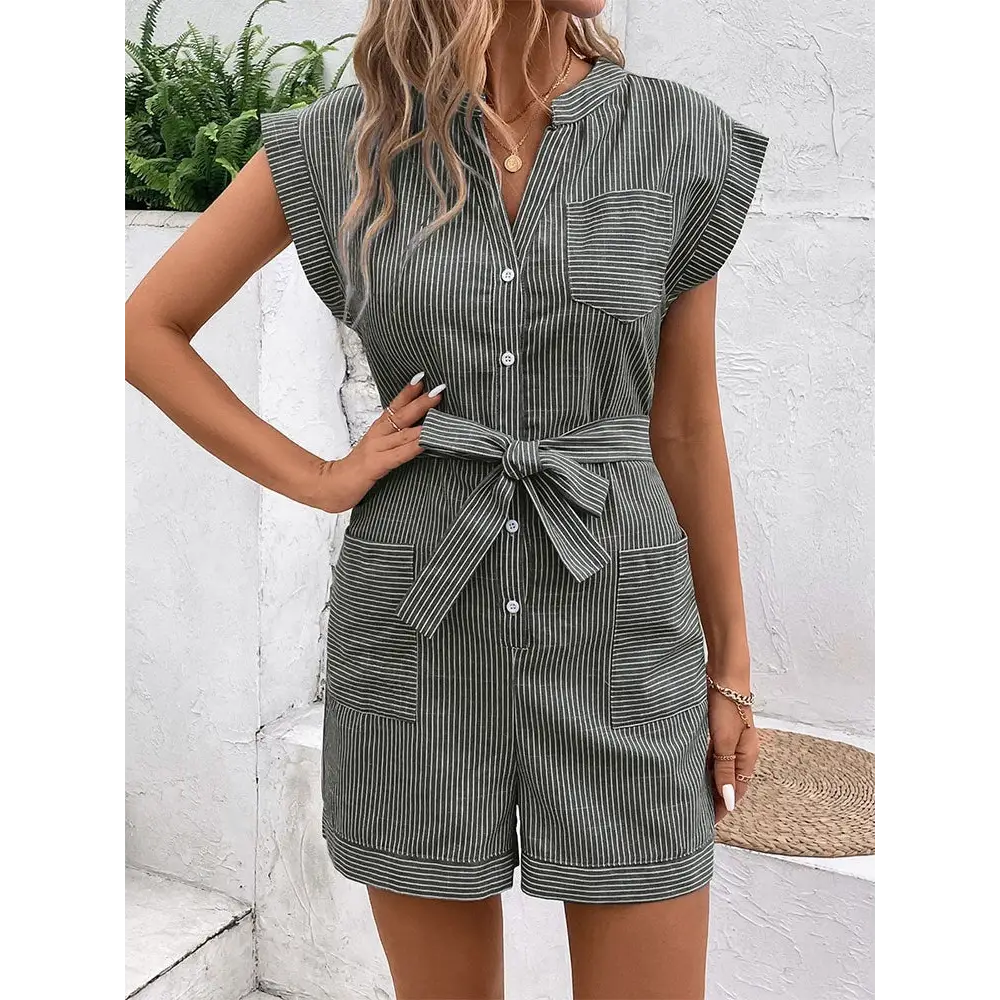 Pinstripe Breezy Commute Jumpsuit - Short Sleeve - S / Dark Blue
