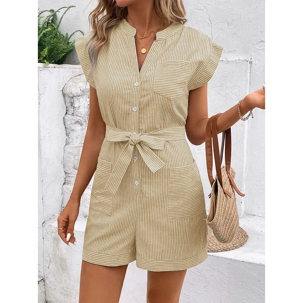 Pinstripe Breezy Commute Jumpsuit - Short Sleeve - S / Khaki