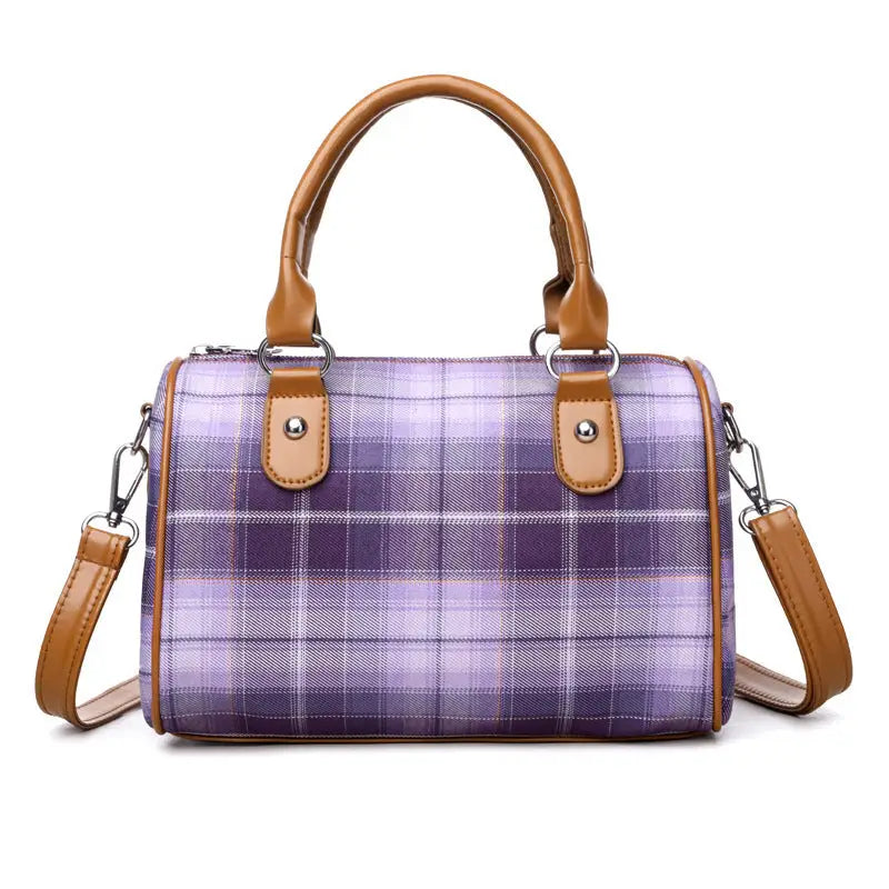Plaid Canvas Cylindrical Suitcase with Three Dimensional Outer Pocket - Purple Plaid