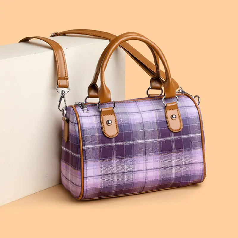 Plaid Canvas Cylindrical Suitcase with Three Dimensional Outer Pocket