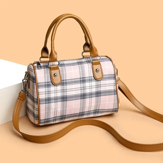 Plaid Canvas Cylindrical Suitcase with Three Dimensional Outer Pocket