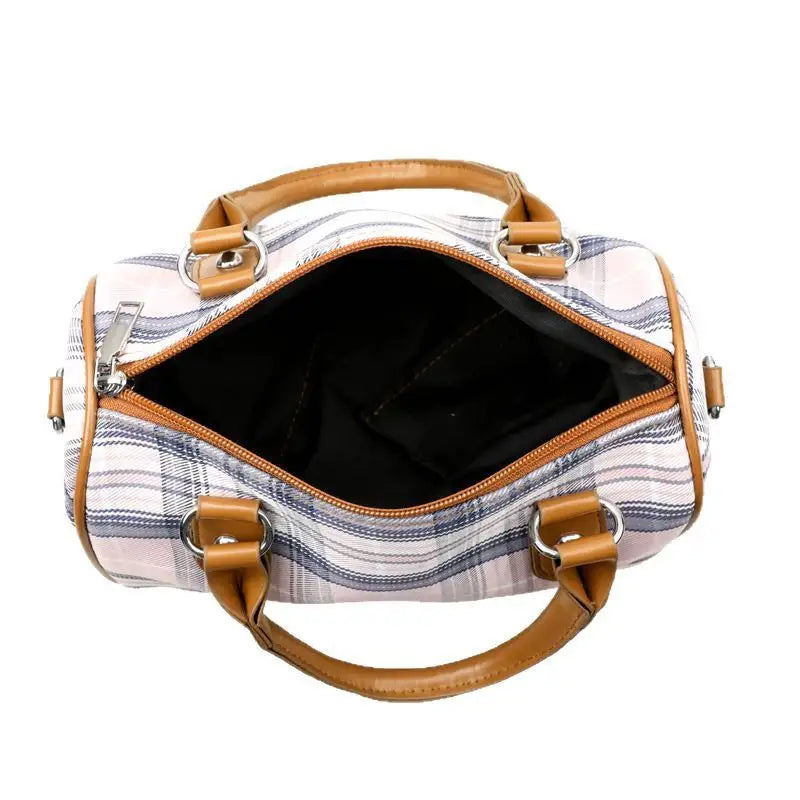 Plaid Canvas Cylindrical Suitcase with Three Dimensional Outer Pocket