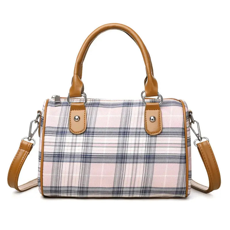 Plaid Canvas Cylindrical Suitcase with Three Dimensional Outer Pocket - Pink Plaid