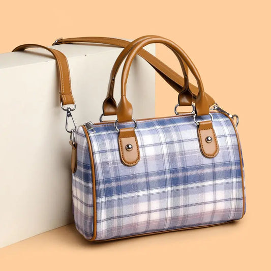 Plaid Canvas Cylindrical Suitcase with Three Dimensional Outer Pocket