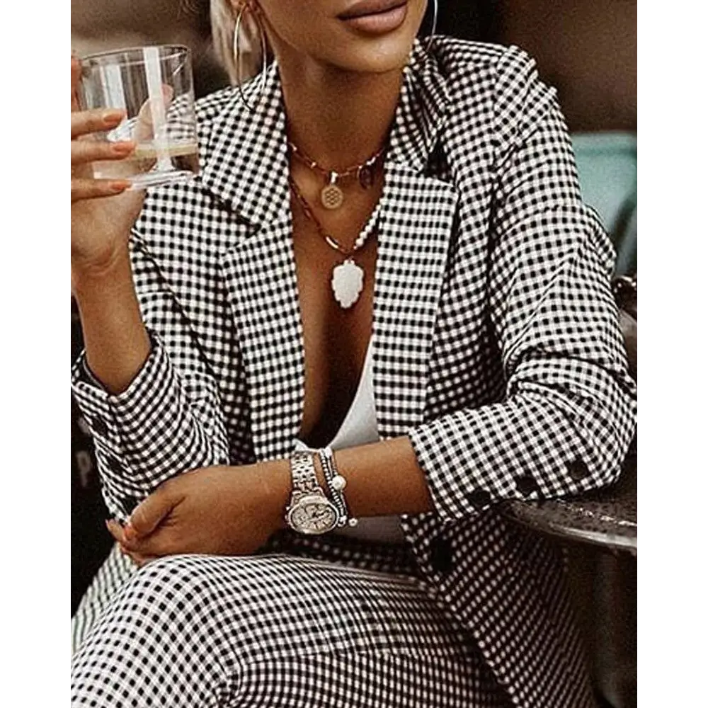 Plaid Chic Suit Set - Black white / S - 4