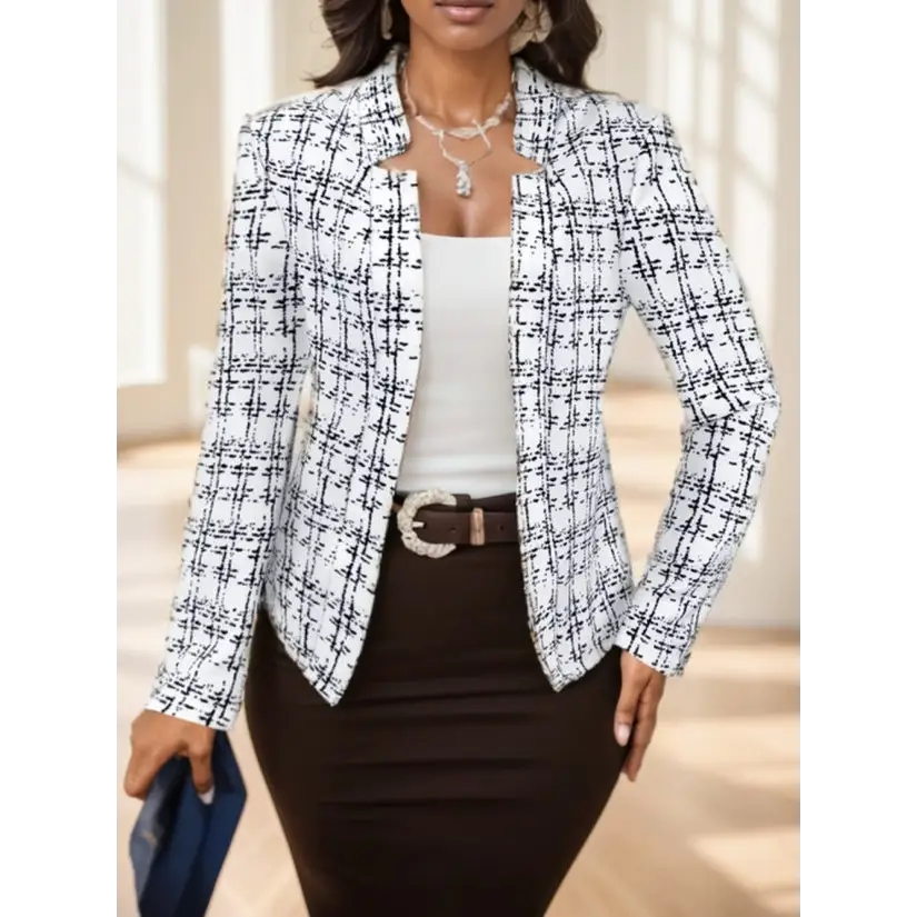 Woman’s plaid blazer outfit.