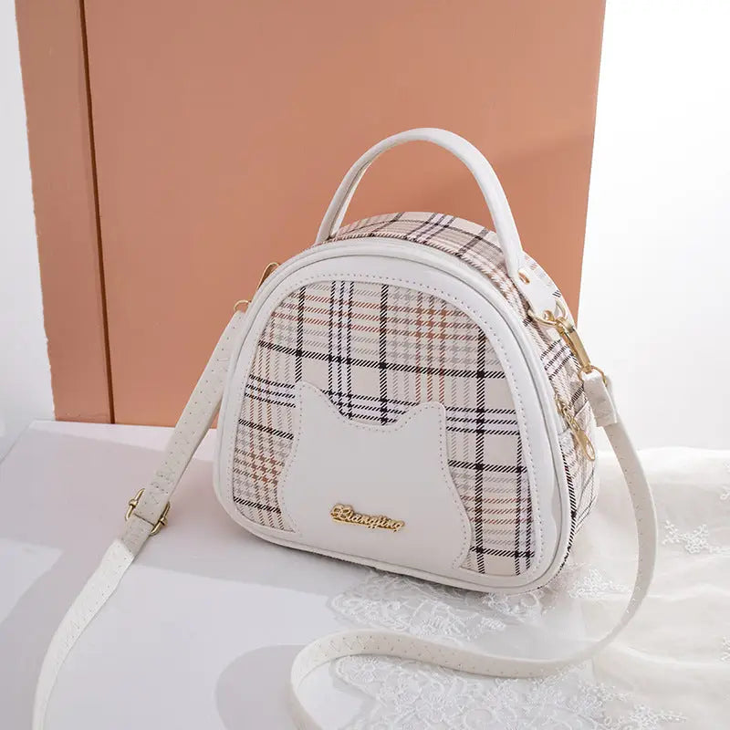 Plaid Oval PU Suitcase Shoulder Bag for Women Multiple Colors 19cm - White