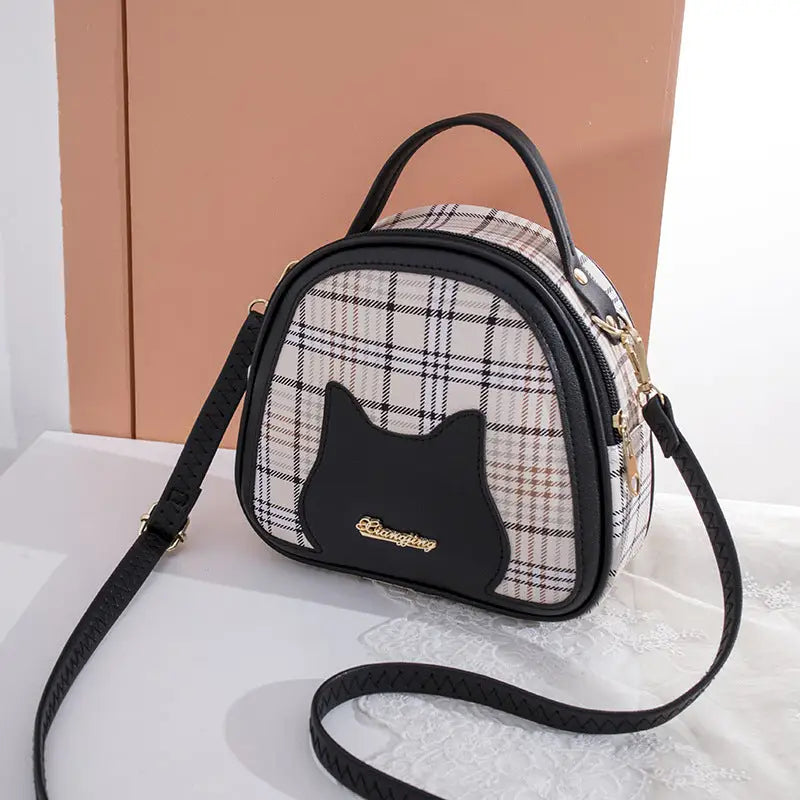 Plaid Oval PU Suitcase Shoulder Bag for Women Multiple Colors 19cm - Black