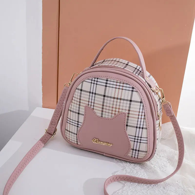 Plaid Oval PU Suitcase Shoulder Bag for Women Multiple Colors 19cm - Pink