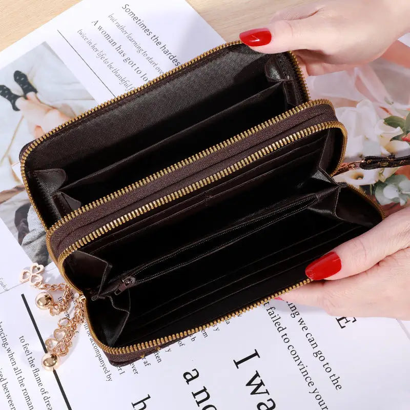Plaid PU Leather Wallet with Letter Print and Bead Detailing