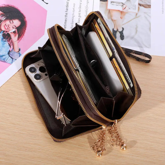 Plaid PU Leather Wallet with Letter Print and Bead Detailing