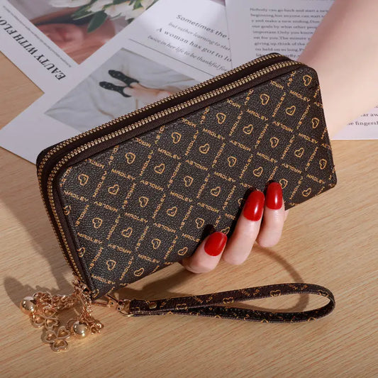 Plaid PU Leather Wallet with Letter Print and Bead Detailing