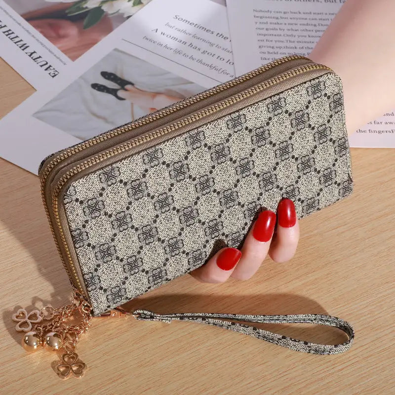 Plaid PU Leather Wallet with Letter Print and Bead Detailing