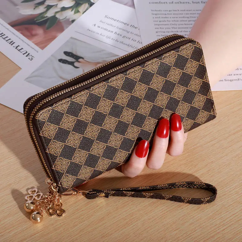 Plaid PU Leather Wallet with Letter Print and Bead Detailing - Plaid Brown