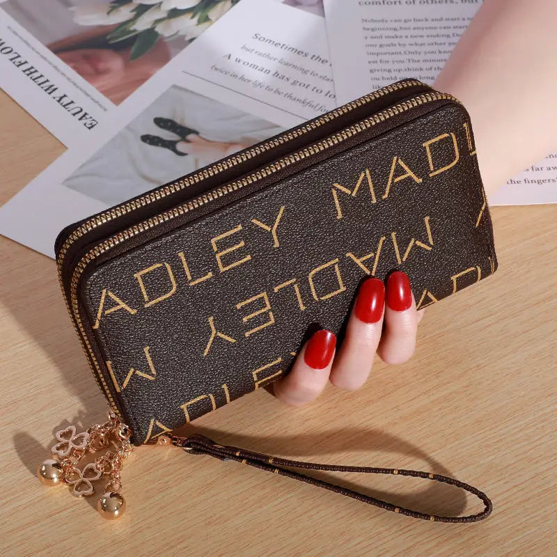 Plaid PU Leather Wallet with Letter Print and Bead Detailing - M Brown