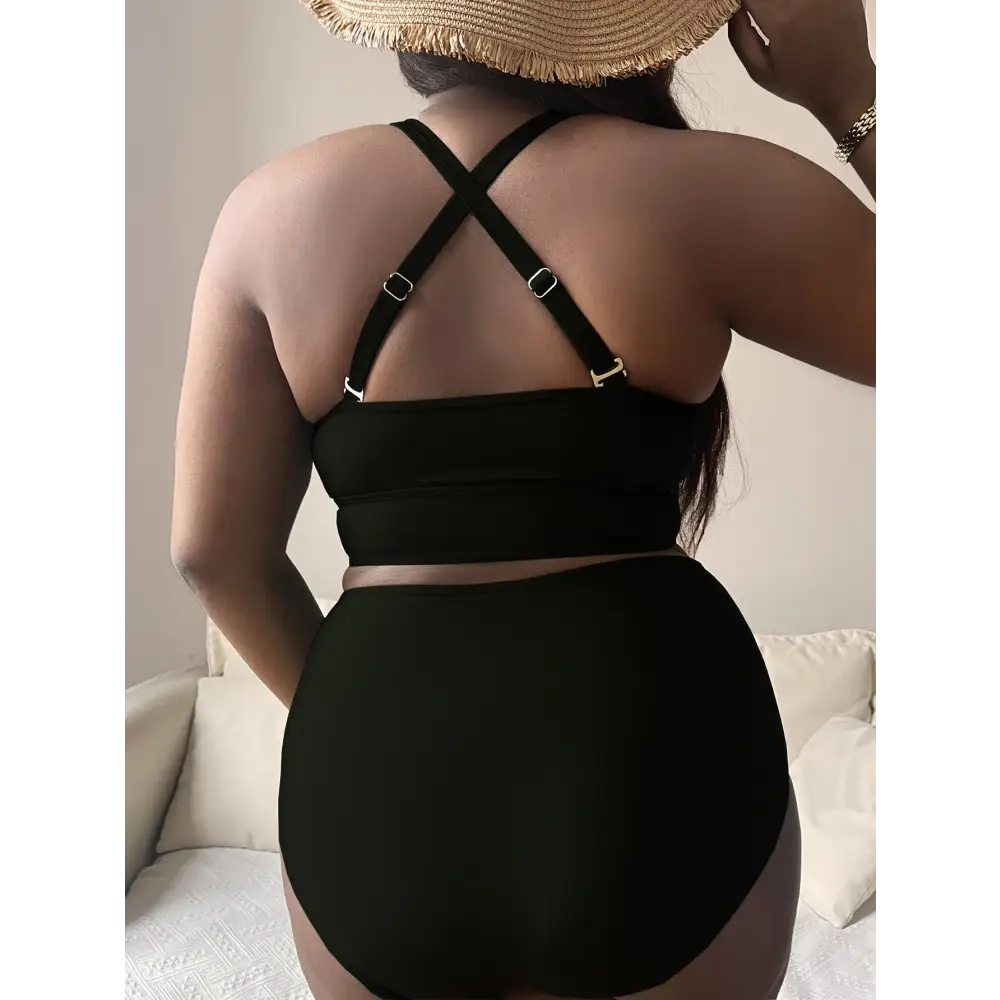 Plump Girls Plus Size Solid Color Hollow Cross Shoulder Strap Adjustable Halter Bikini