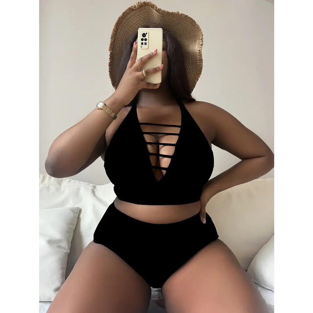 Plump Girls Plus Size Solid Color Hollow Cross Shoulder Strap Adjustable Halter Bikini