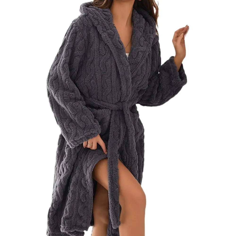 Gray hooded plush robe.