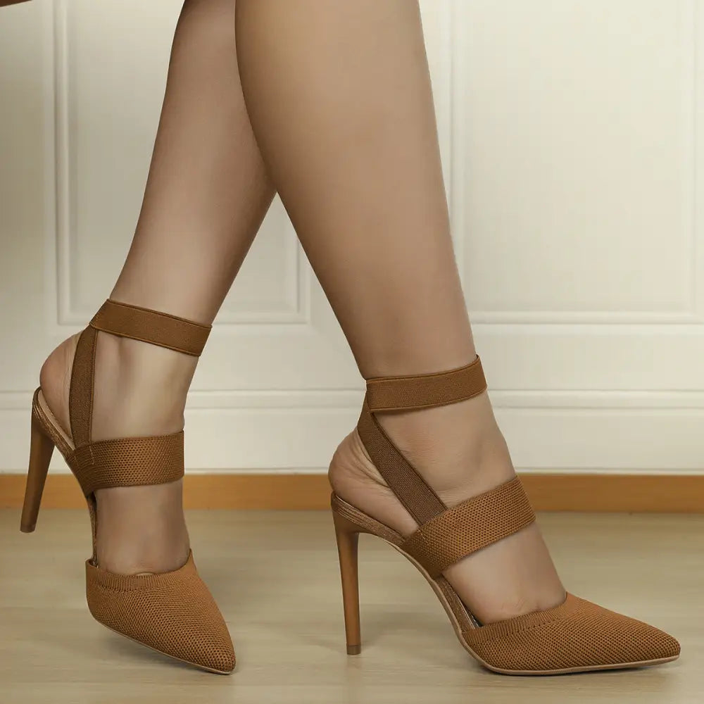 Pointed Toe High Heel Shoes with Elastic Band and Rubber Sole - Brown / 36