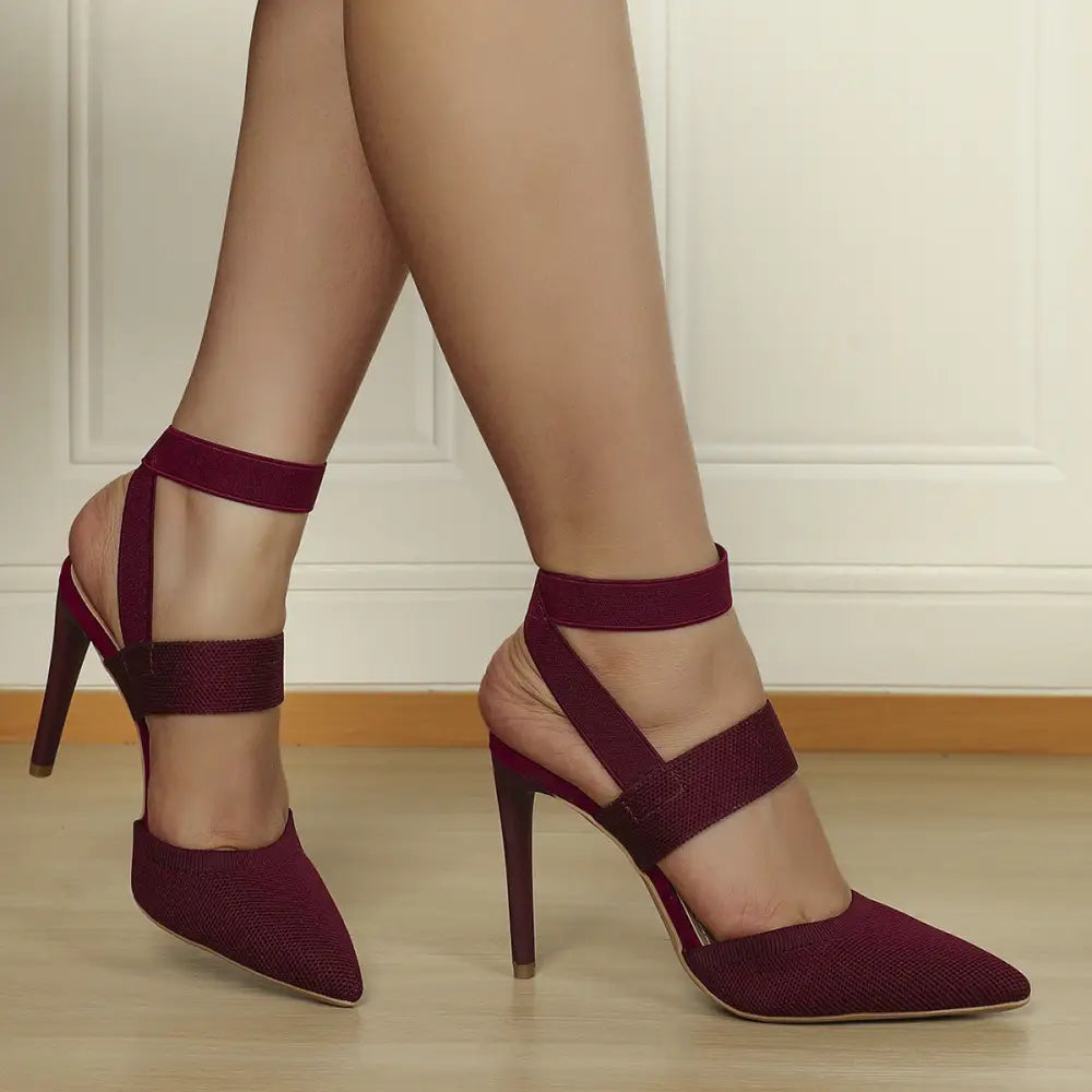 Pointed Toe High Heel Shoes with Elastic Band and Rubber Sole - Wine Red / 36