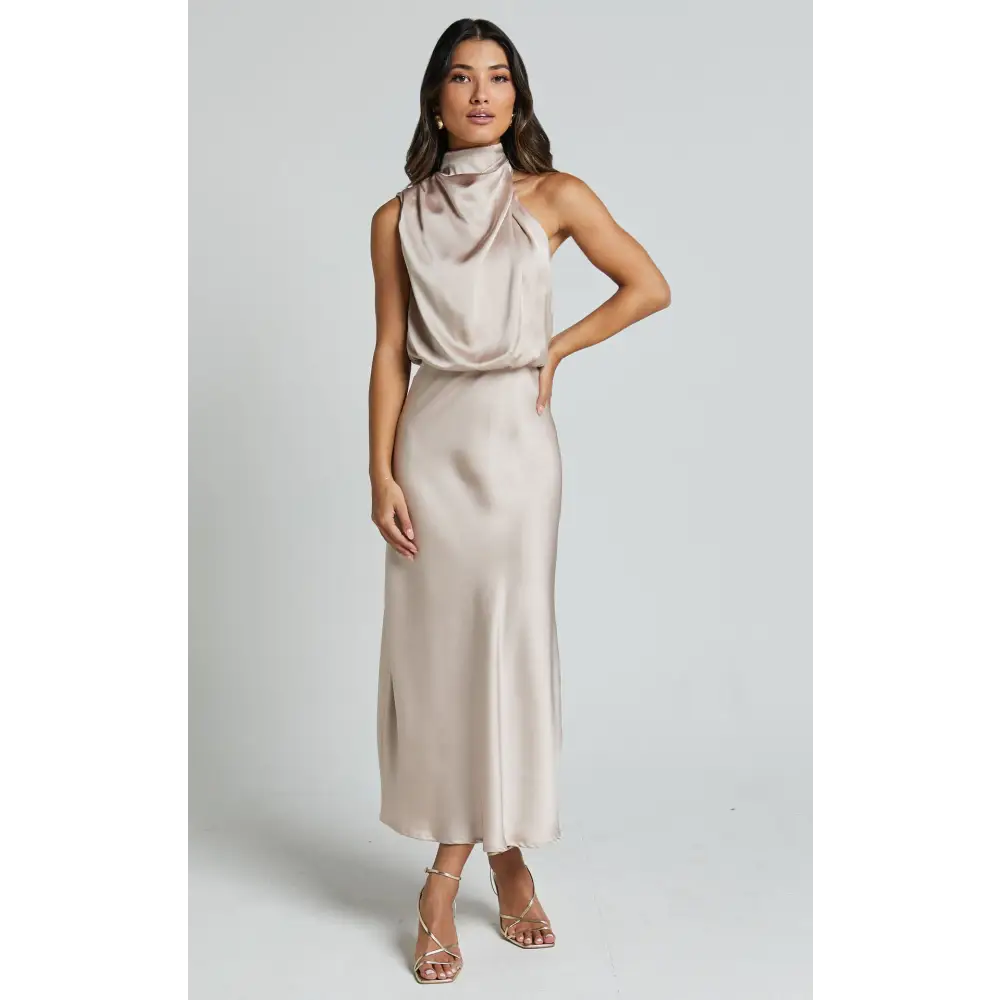 Polyester Fame Style Dress in Multiple Colors - Champagne color / L