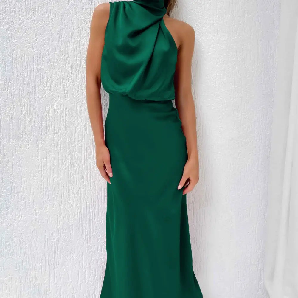 Polyester Fame Style Dress in Multiple Colors - Dark Green / S