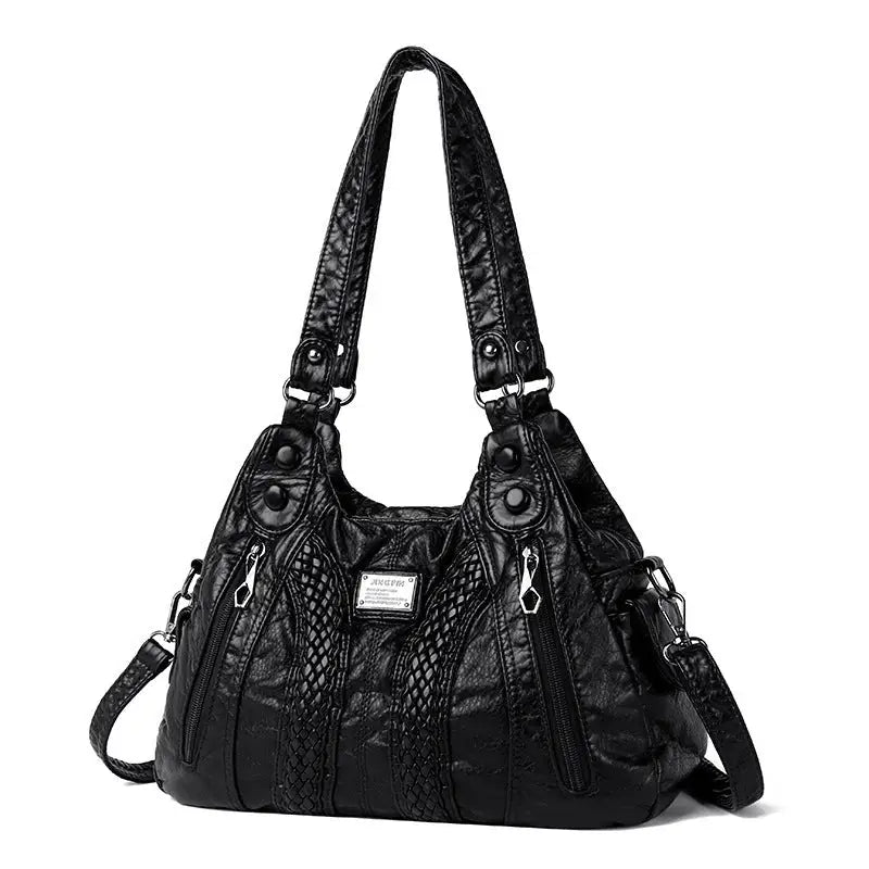 Polyester Lined PU Bag with Three Dimensional Pocket and Soft Surface - Black