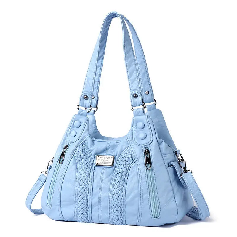 Polyester Lined PU Bag with Three Dimensional Pocket and Soft Surface - Sky Blue