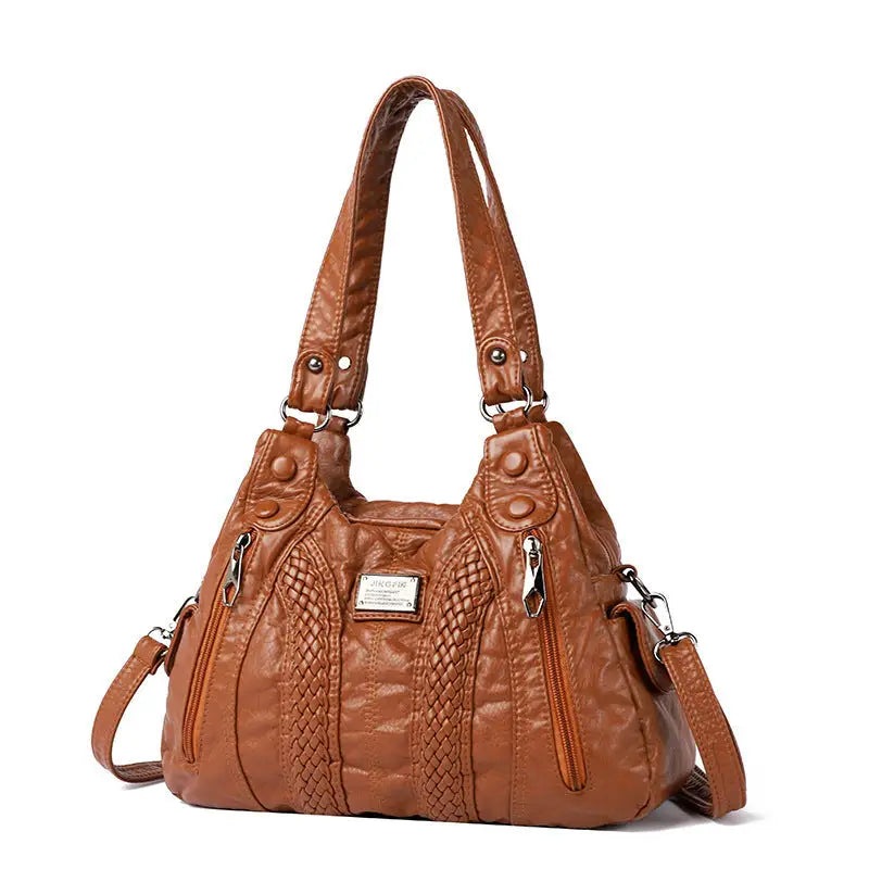 Polyester Lined PU Bag with Three Dimensional Pocket and Soft Surface - Light Brown