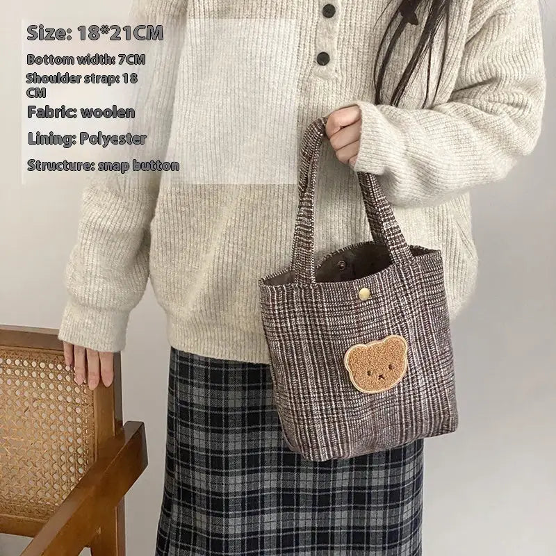Polyester Medium Tote Bag with Soft Shoulder Strap for Youth - Red brown grid