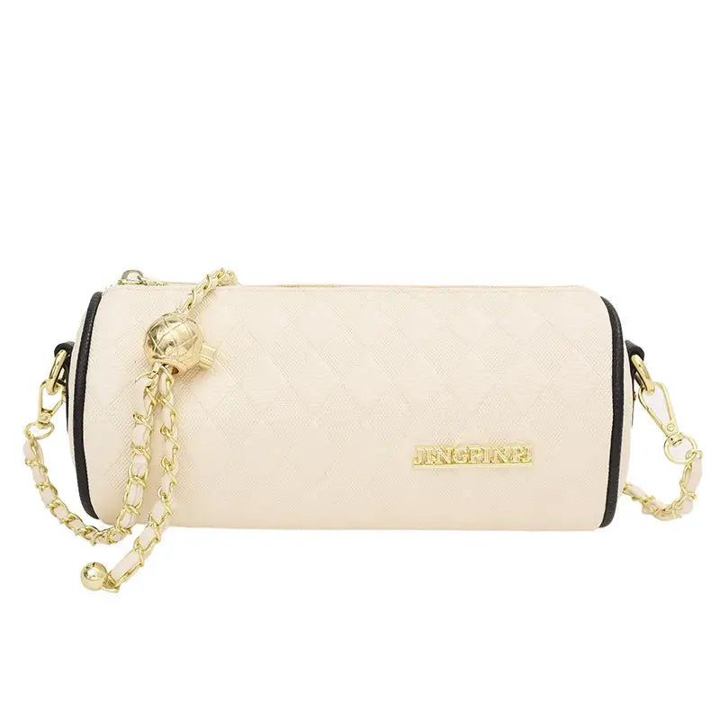 Polyester PU Cylindrical Suitcase Messenger Bag with Chain and Pockets - Beige