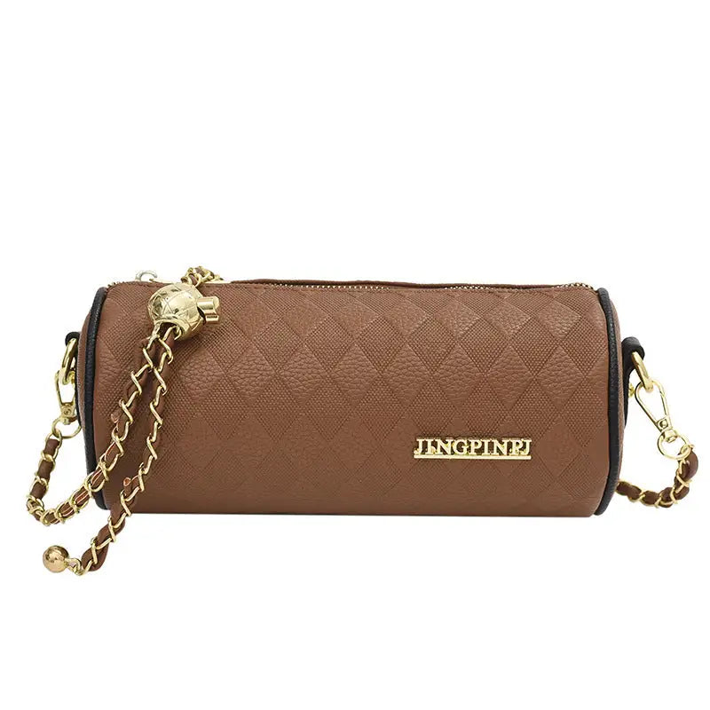 Polyester PU Cylindrical Suitcase Messenger Bag with Chain and Pockets - Brown